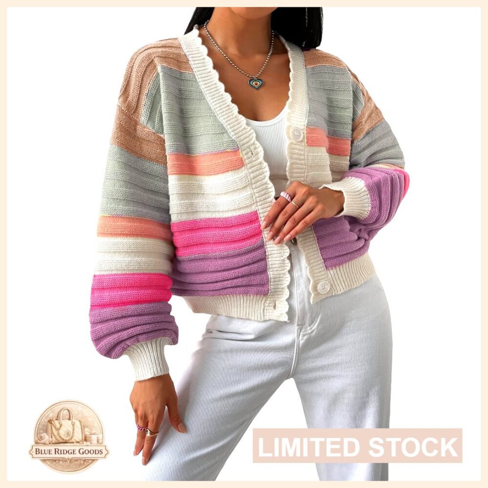 Button Down Drop Shoulder Cropped Cardigan Sweater Top Long Sleeve